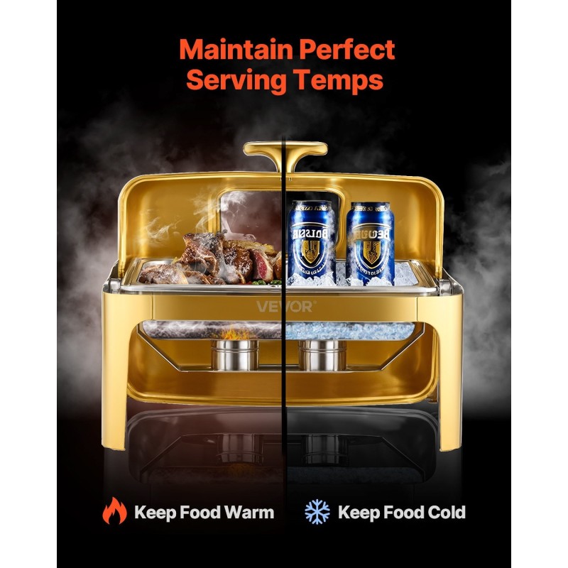 Tarjoiluastia ruostumattomasta teräksestä tehty täyskokoisella 8,5 l padilla rullakannella vesihauteella