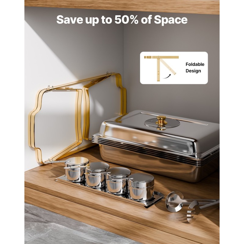 Buffet-vuokasarja ruostumattomasta teräksestä kullanväriset puolikokoiset neljän litran ruokavuoat neljä kappaletta lasikansilla