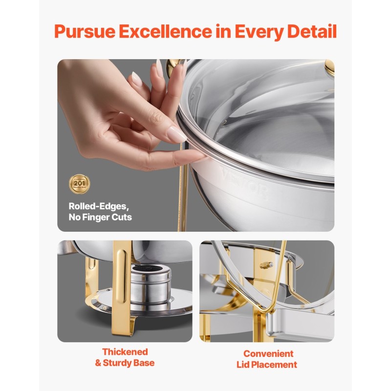 Pyöreä buffet-lämpöastiasetti ruostumatonta terästä 4 kpl kulta lasikansi 4,7 l polttoaineella