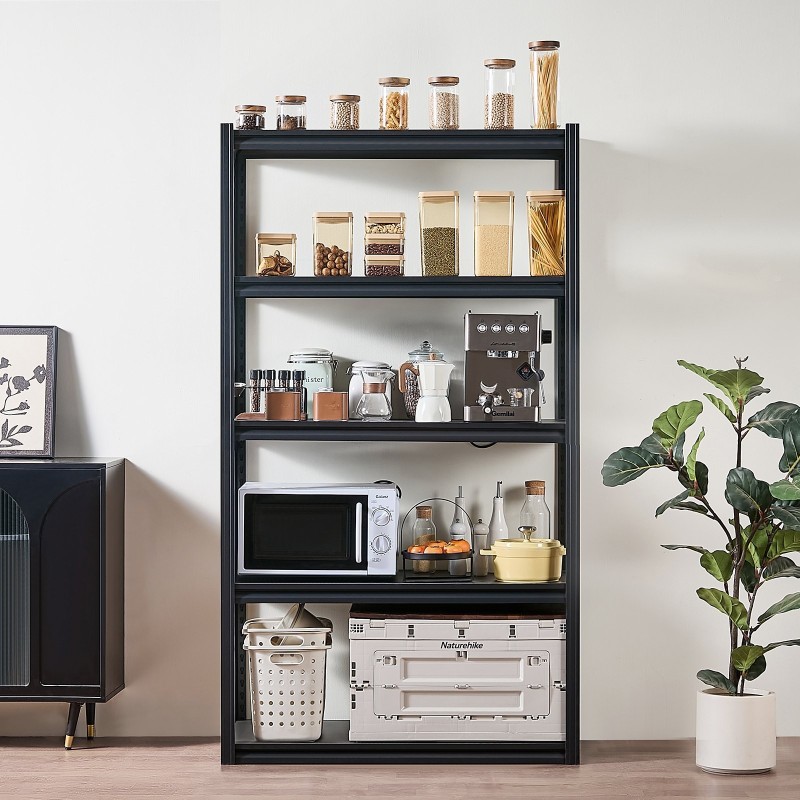 Teräksinen hyllyjärjestelmä 5 tasoa musta jauhemaalaus kokonaiskantavuus 907 kg