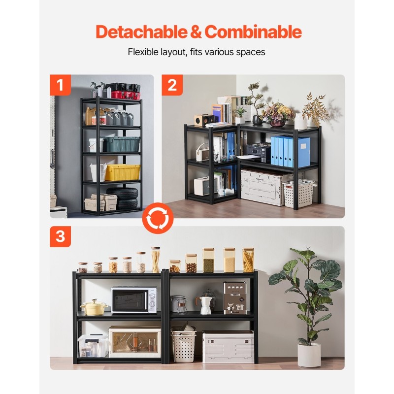 Teräksinen 5-tasoinen jauhemaalattu hyllyjärjestelmä kokonaiskantavuus 907 kg musta