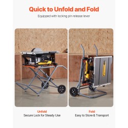 Pöytäsahan jalusta hiiliteräs 159 kg kantavuus taitettava 203 mm kumipyörillä