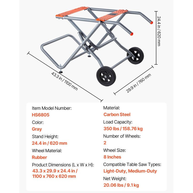 Pöytäsahan jalusta hiiliteräs 159 kg kantavuus taitettava 203 mm kumipyörillä