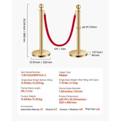 Aitaustolppasarja 4 tolppaa täytettävä jalusta kultainen 201-ruostumaton teräs 2 samettiköyttä 1,5 m