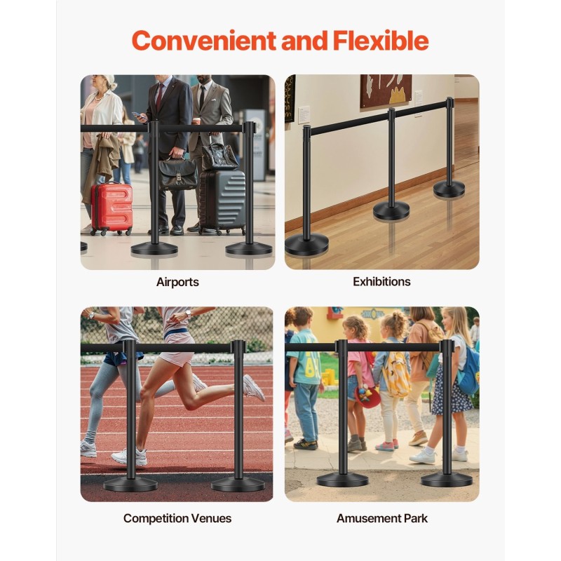 Jononohjaustolpat 6 tolppaa ja 6 hihnaa hiiliteräsrunko musta täytettävä jalusta 2000 mm