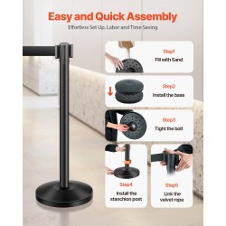 Jonotustolpat hiiliterästä mustat neljän tolpan setti sisäänkelautuvilla hihnoilla hiekalla täytettävät jalustat