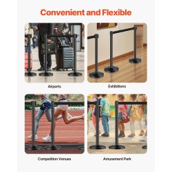 Jonotustolpat hiiliterästä mustat neljän tolpan setti sisäänkelautuvilla hihnoilla hiekalla täytettävät jalustat