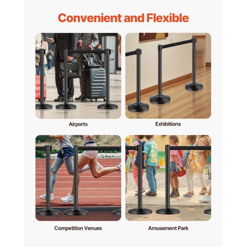 Jonotustolpat hiiliterästä mustat neljän tolpan setti sisäänkelautuvilla hihnoilla hiekalla täytettävät jalustat