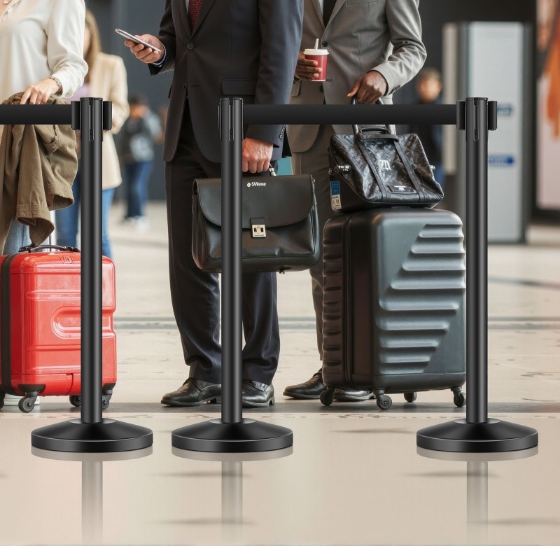 Jonotustolpat hiiliterästä mustat neljän tolpan setti sisäänkelautuvilla hihnoilla hiekalla täytettävät jalustat