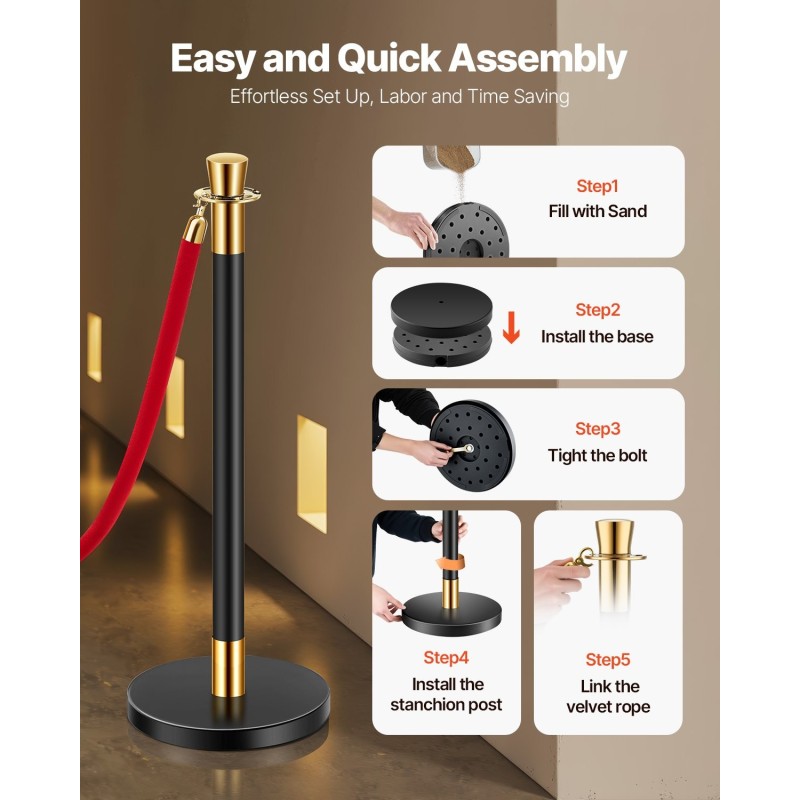 Jonotolpasetti 6 kpl musta 201-ruostumatonta terästä 4 punaista 1,5m samettiköyttä