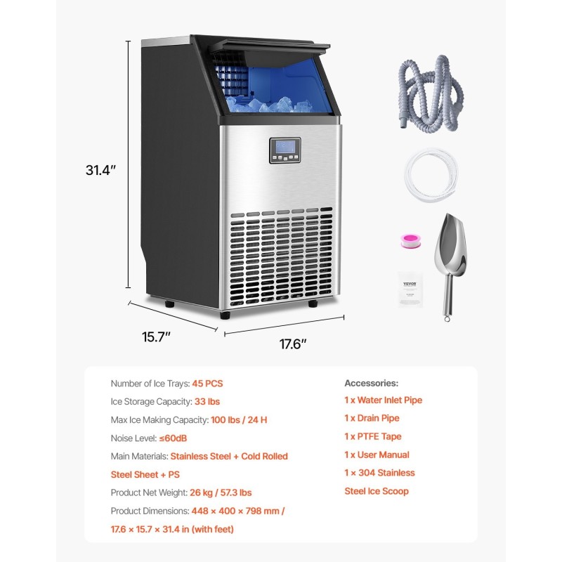 Jääpalakone vapaasti seisova ruostumatonta terästä 100 paunaa vuorokaudessa 33 paunan varasto digitaalinäytöllä