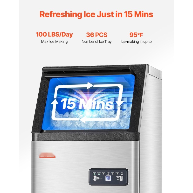 Vapaasti seisova kaupallinen jääpalakone 100 paunaa vuorokaudessa ruostumaton teräs itsepuhdistus