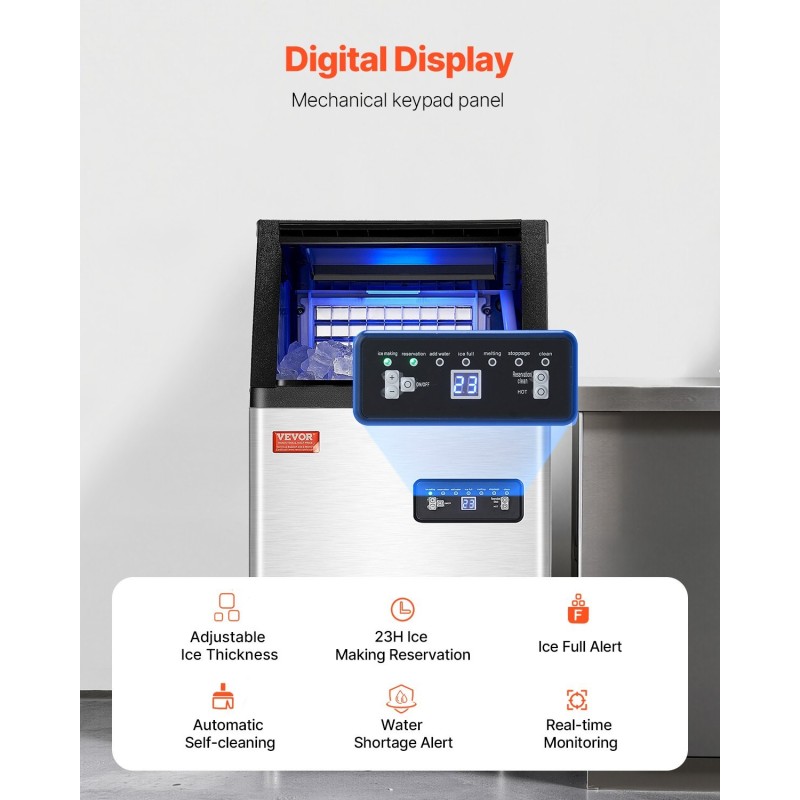 Vapaasti seisova kaupallinen jääpalakone 100 paunaa vuorokaudessa ruostumaton teräs itsepuhdistus