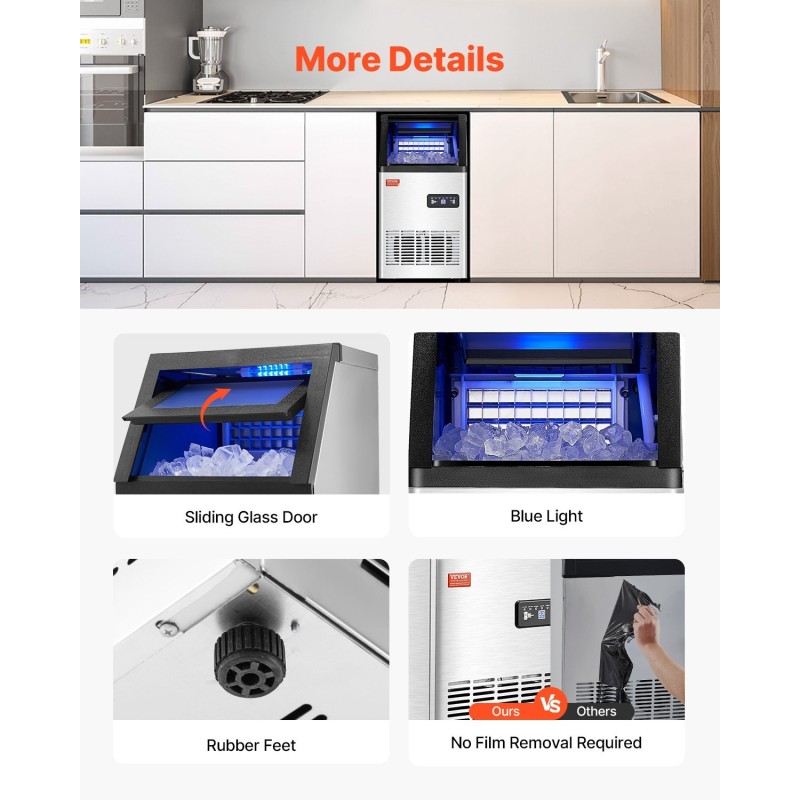 Vapaasti seisova kaupallinen jääpalakone 100 paunaa vuorokaudessa ruostumaton teräs itsepuhdistus