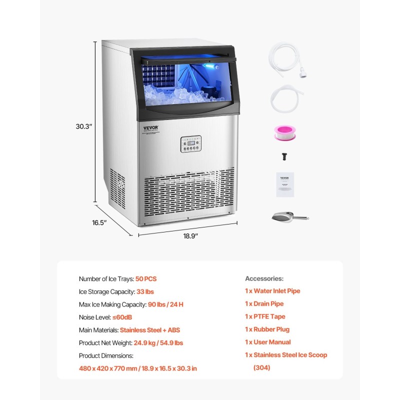 Jääpalakone kaupalliseen käyttöön ruostumatonta terästä 90 paunaa vuorokaudessa 33 paunaa säilytystila