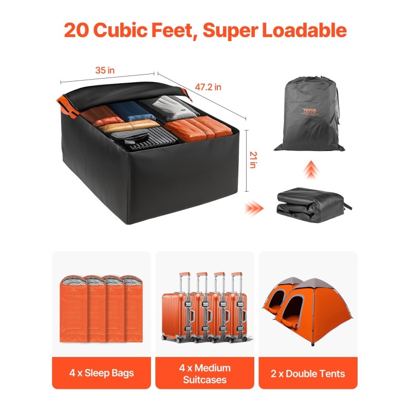 Kattolaukku 840D PVC 20 kuutiojalkaa musta-oranssi kiinnitys hihnoilla tai ovikoukuilla