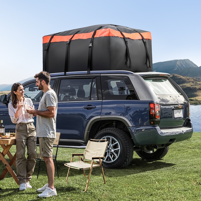 Kattolaukku 23 kuutiojalkaa 840D PVC-materiaali vedenpitävä musta ja oranssi lukolla