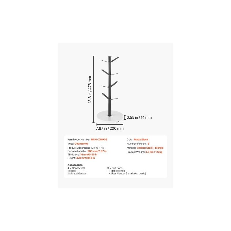 Mukiteline työtasolle puumainen rakenne hiiliteräsrunko marmorialustalla kahdeksalle mukille mattamusta