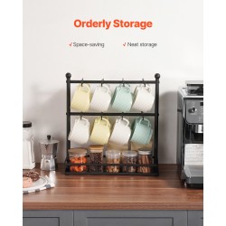 Työtasomallinen hiiliteräksinen kahvimukiteline kuusitoista koukkua säilytysalustalla mattamusta