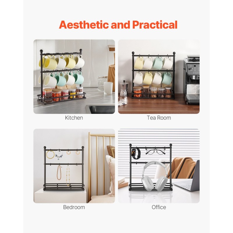 Työtasomallinen hiiliteräksinen kahvimukiteline kuusitoista koukkua säilytysalustalla mattamusta