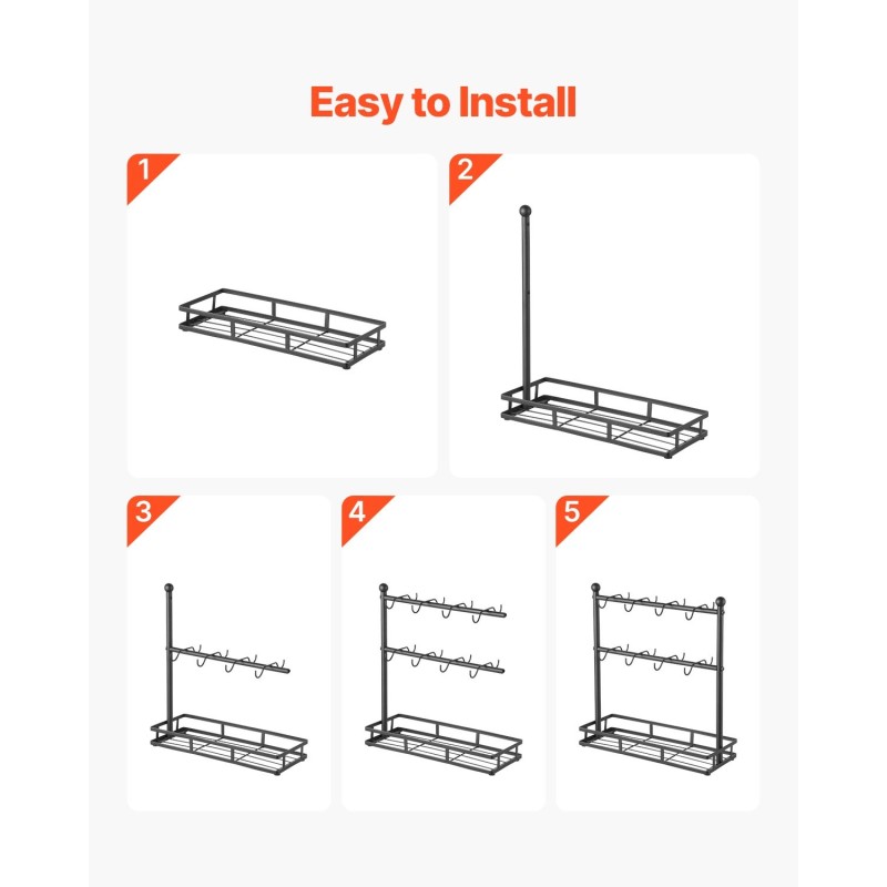 Työtasomallinen hiiliteräksinen kahvimukiteline kuusitoista koukkua säilytysalustalla mattamusta