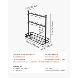 Työtasomallinen hiiliteräksinen kahvimukiteline kuusitoista koukkua säilytysalustalla mattamusta