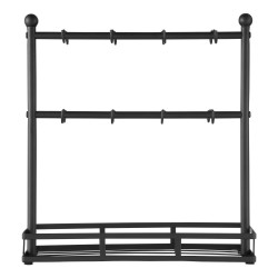 Työtasomallinen hiiliteräksinen kahvimukiteline kuusitoista koukkua säilytysalustalla mattamusta