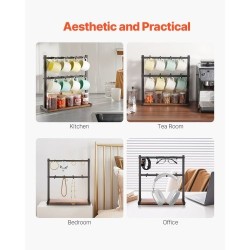 Kahvimukiteline tasolle asetettava hiiliteräksestä ja puusta 16 koukkua mattamusta