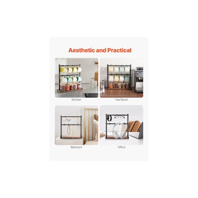 Kahvimukiteline tasolle asetettava hiiliteräksestä ja puusta 16 koukkua mattamusta