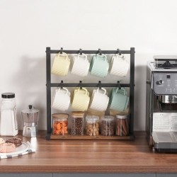 Kahvimukiteline tasolle asetettava hiiliteräksestä ja puusta 16 koukkua mattamusta