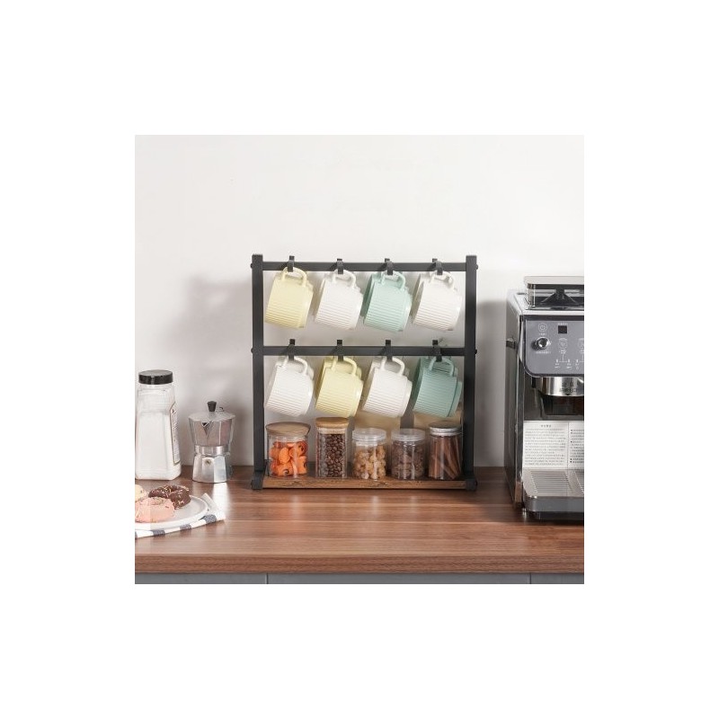 Kahvimukiteline tasolle asetettava hiiliteräksestä ja puusta 16 koukkua mattamusta