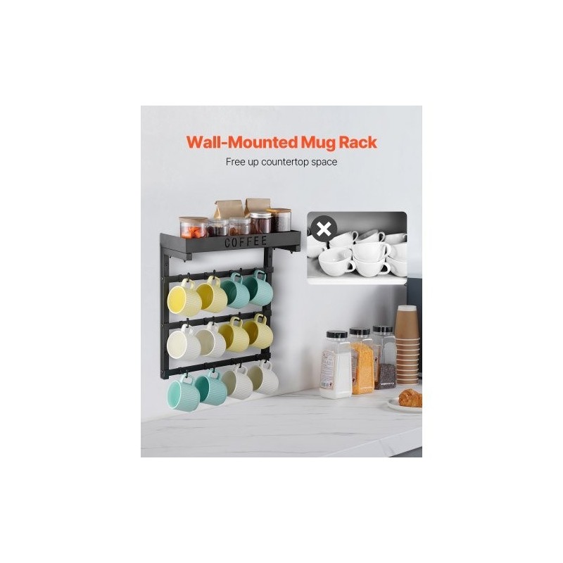 Seinään kiinnitettävä hiiliteräksinen mukiteline 12 koukkua ylähyllyllä matta musta keittiöön