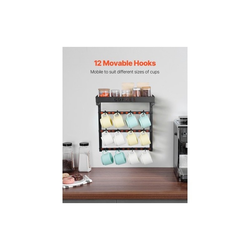 Seinään kiinnitettävä hiiliteräksinen mukiteline 12 koukkua ylähyllyllä matta musta keittiöön