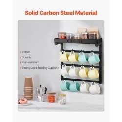 Seinään kiinnitettävä hiiliteräksinen mukiteline 12 koukkua ylähyllyllä matta musta keittiöön