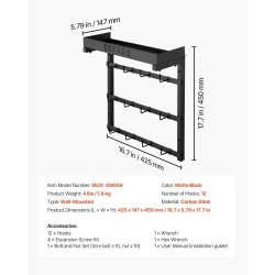 Seinään kiinnitettävä hiiliteräksinen mukiteline 12 koukkua ylähyllyllä matta musta keittiöön