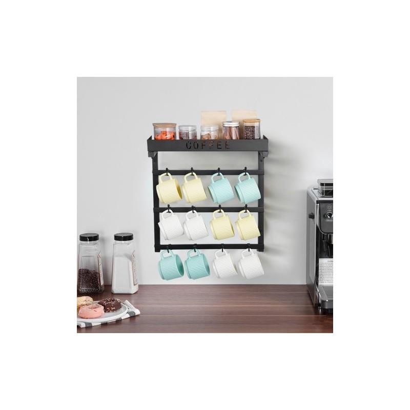 Seinään kiinnitettävä hiiliteräksinen mukiteline 12 koukkua ylähyllyllä matta musta keittiöön