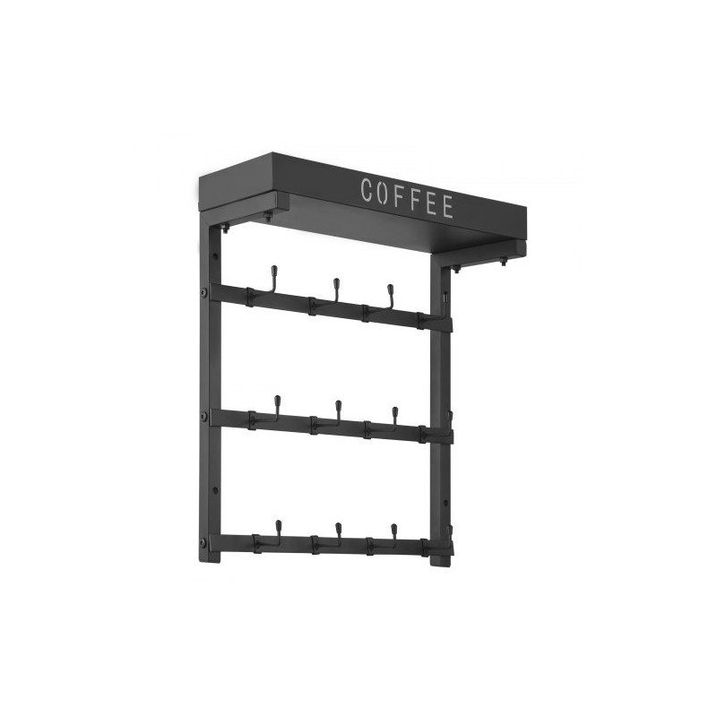 Seinään kiinnitettävä hiiliteräksinen mukiteline 12 koukkua ylähyllyllä matta musta keittiöön