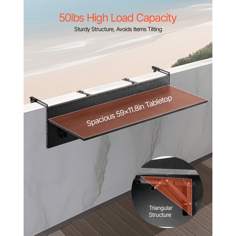 Taittuva ripustettava parvekekaidepöytä ruostumaton teräskannatin PS-muovinen pöytälevy 1500 x 300 mm