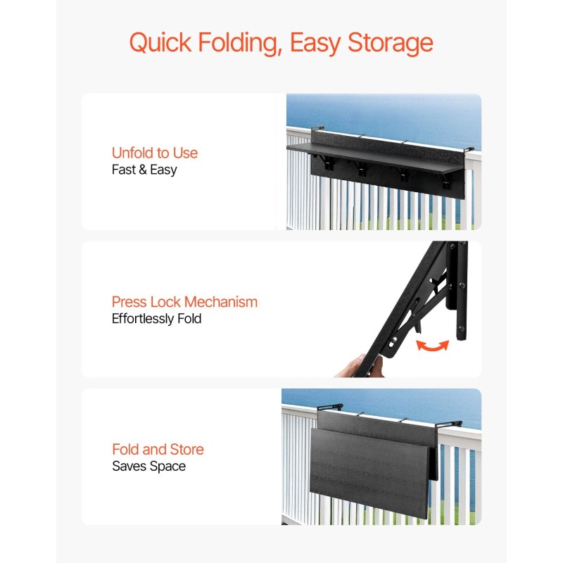 Taittuva ripustettava parvekekaidepöytä ruostumaton teräskannatin PS-muovinen pöytälevy 1500 x 300 mm