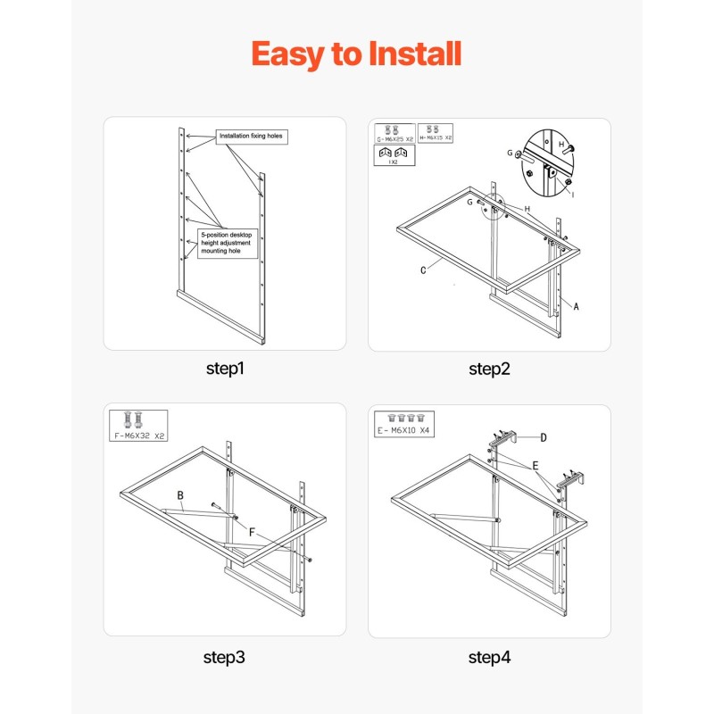Parvekekaiteeseen ripustettava taittuva pöytä 610×410 mm ruostumattomasta teräksestä 5-portainen korkeussäätö