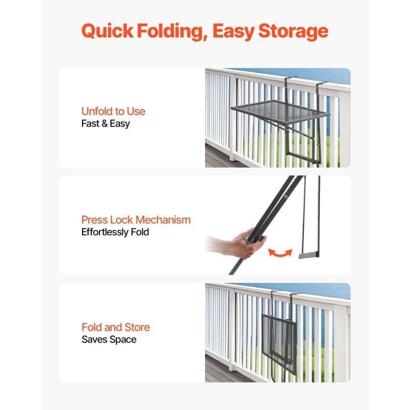 Parvekekaiteeseen ripustettava taittuva pöytä 610×410 mm ruostumattomasta teräksestä 5-portainen korkeussäätö