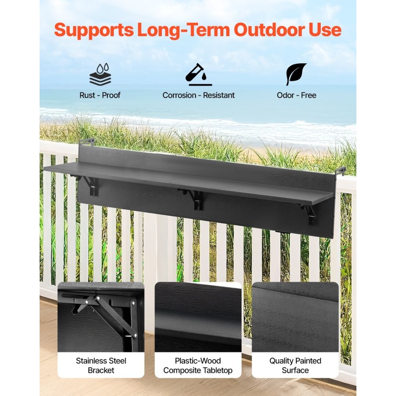 Taittuva parvekekaidepöytä ruostumaton teräsrunko PS-pöytätaso 122 x 30 cm ulkokäyttöön