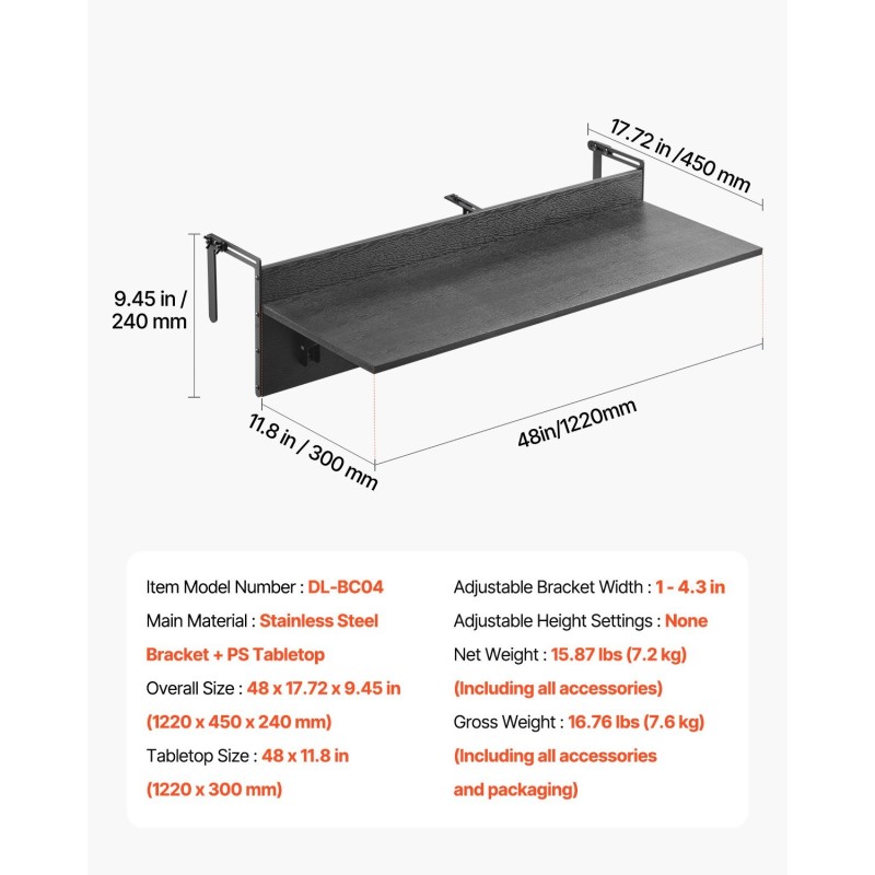 Taittuva parvekekaidepöytä ruostumaton teräsrunko PS-pöytätaso 122 x 30 cm ulkokäyttöön