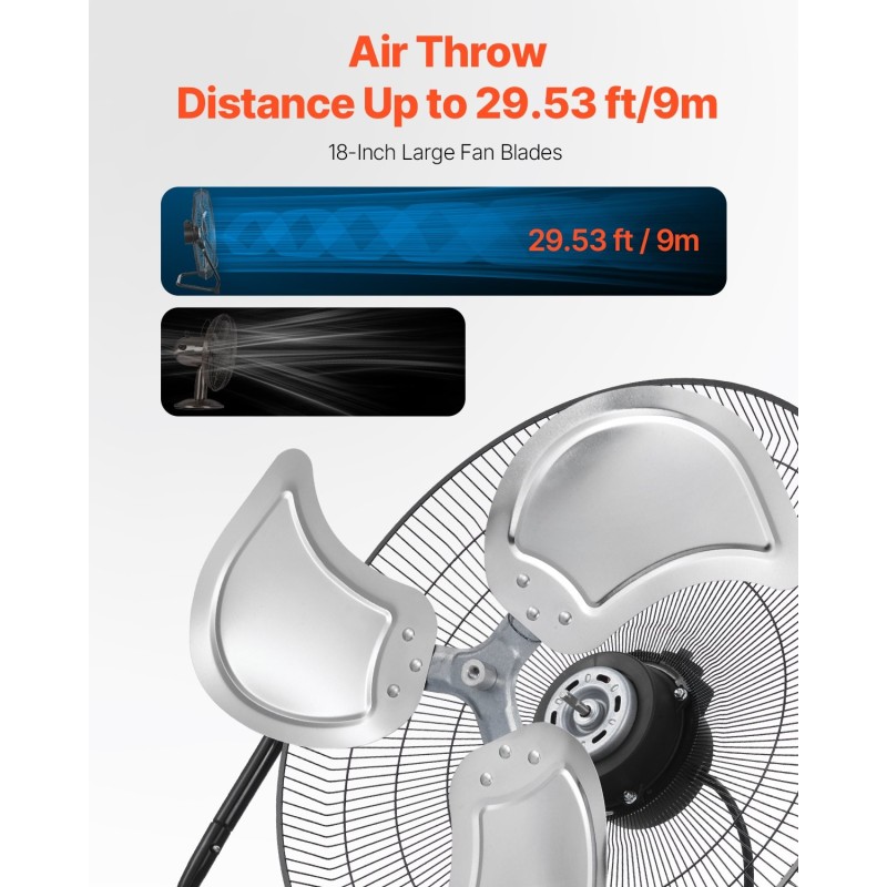 Metallinen lattiatuuletin 18 tuuman alumiiniterillä 3 nopeustasoa 360 asteen kallistus