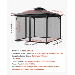 Paviljongin hyttysverkko 4-paneelinen musta säänkestävä verkkokangas 304,8×304,8×198,1 cm