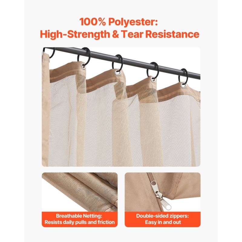 Hyttysverkko paviljonkiin nelipaneelinen khakinvärinen kaksipuoleinen vetoketju