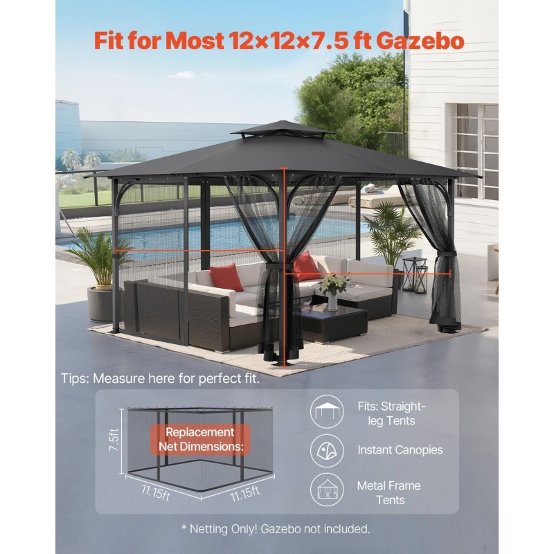 Paviljongin verkkosivuseinä 4-paneelinen musta hyönteissuoja hengittävä verkko 340×340×226 cm