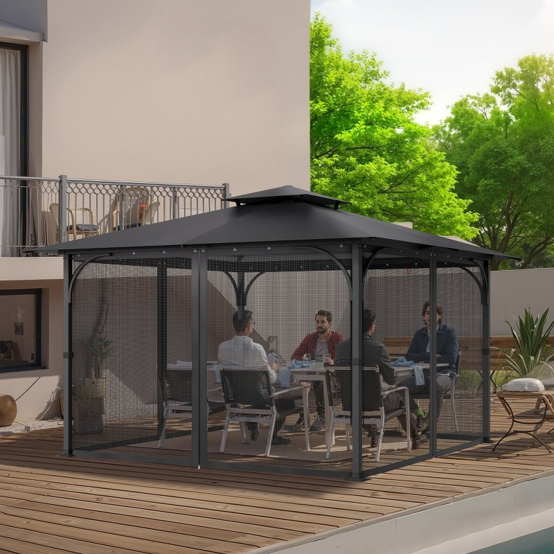 Paviljongin verkkosivuseinä 4-paneelinen musta hyönteissuoja hengittävä verkko 340×340×226 cm