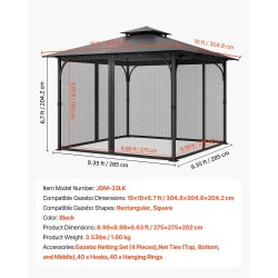 Paviljongin sivuseinäverkko 10 x 10 x 6,7 jalkaa musta 4-paneelinen