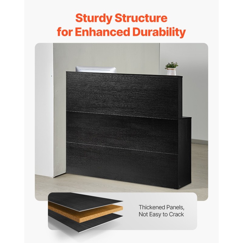 Vastaanottotiski L-muotoinen MDF 1400x800x1200 mm musta lukittava kaappi näppäimistötaso